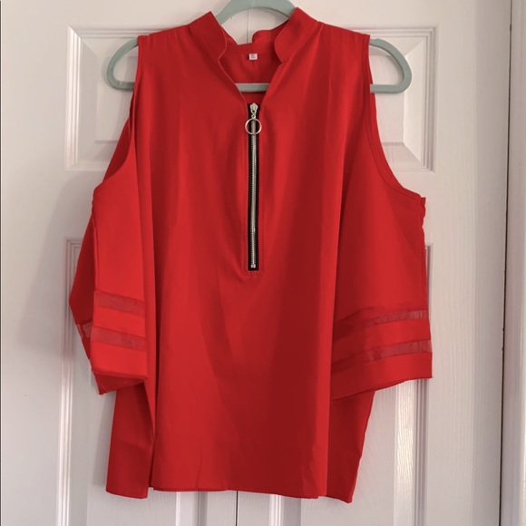 Red Zippered Cold Shoulder Top - Picture 1 of 8